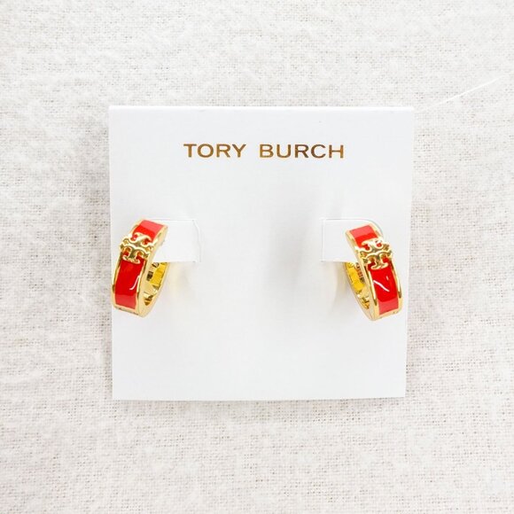 Tory Burch Kira Enamel Huggie Hoop Earrings Red OS - Picture 1 of 6
